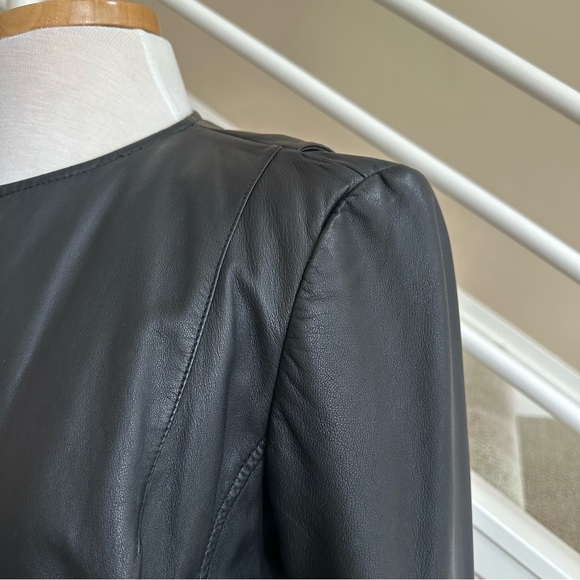 Joie Black Leather Short Round Neck Biker Asymmetric Zip Leather Jacket Sz Large - Picture 9 of 16